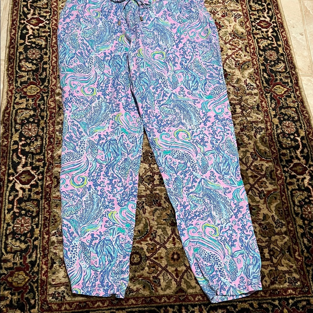 Lilly Pulitzer Colombo Linen Tropical Print Drawstring Pants  Size XL